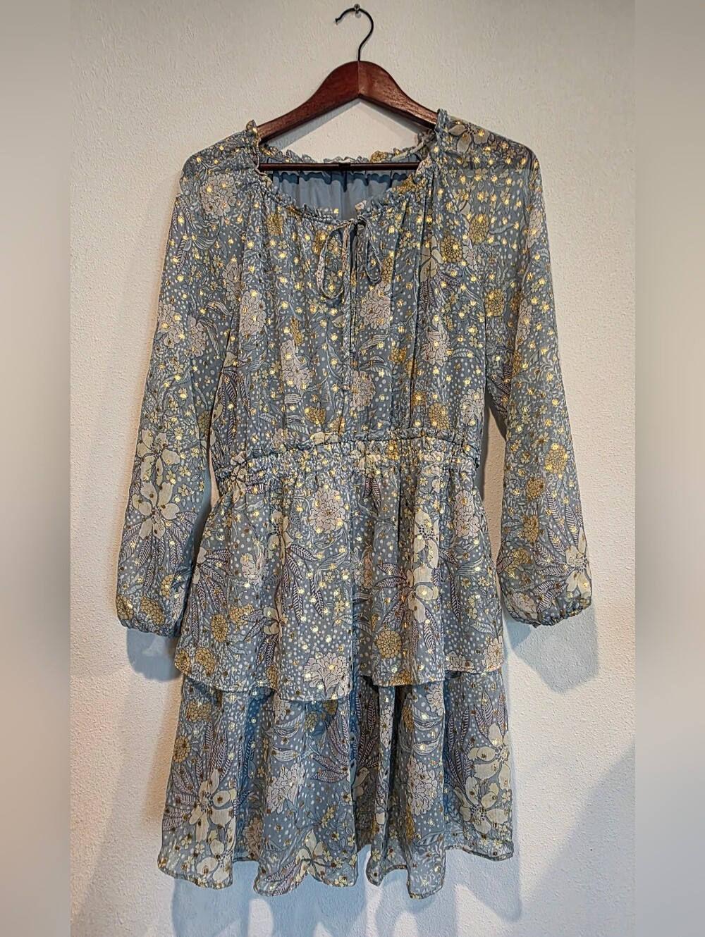 Lauren Conrad Blue Floral Chiffon Mini Dress Sz Medium Metallic Gold Accents